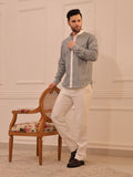 Grey & White Striped Mandarin Collar Shirt