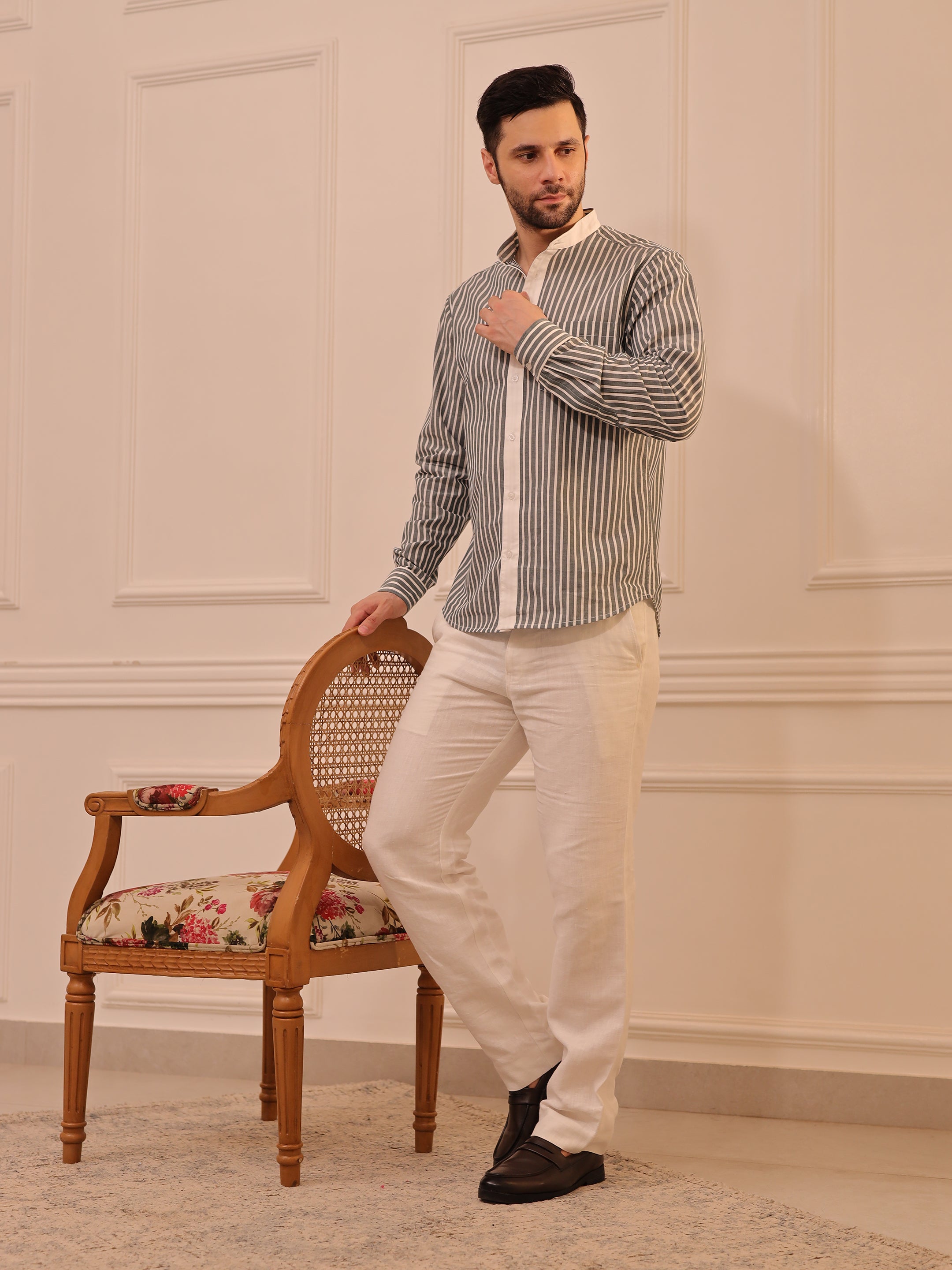 Grey & White Striped Mandarin Collar Shirt