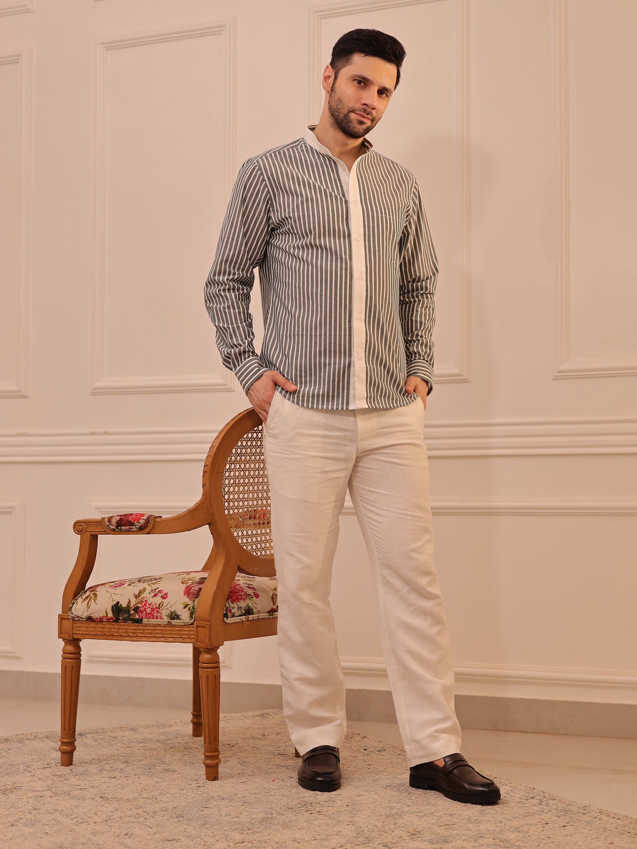 Grey & White Striped Mandarin Collar Shirt
