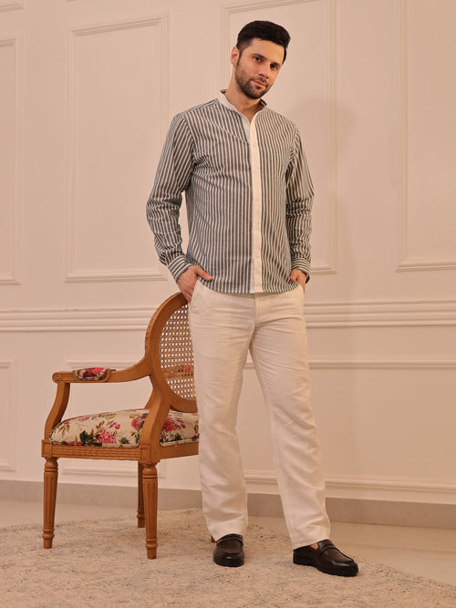 Grey & White Striped Mandarin Collar Shirt