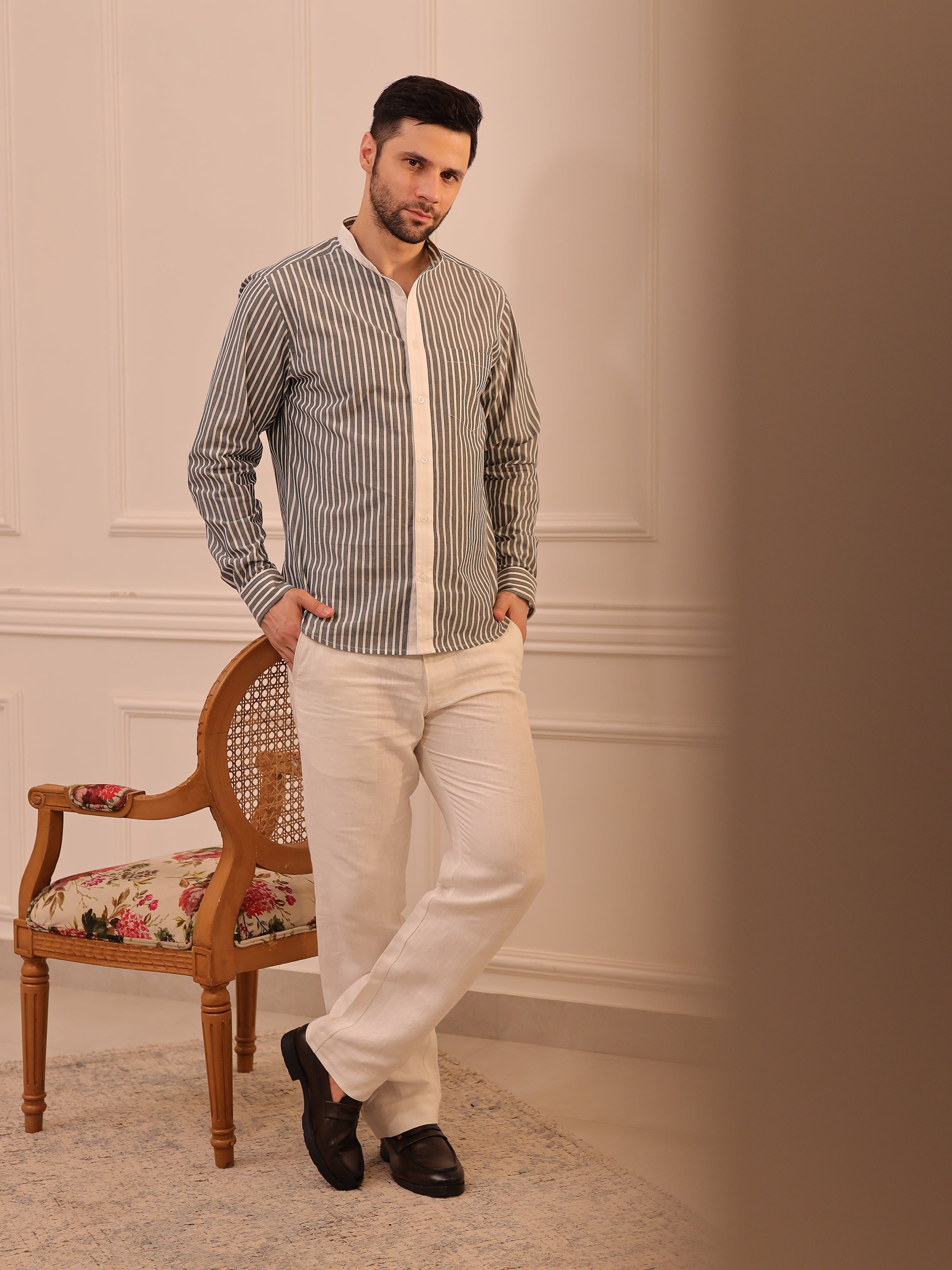 Grey & White Striped Mandarin Collar Shirt