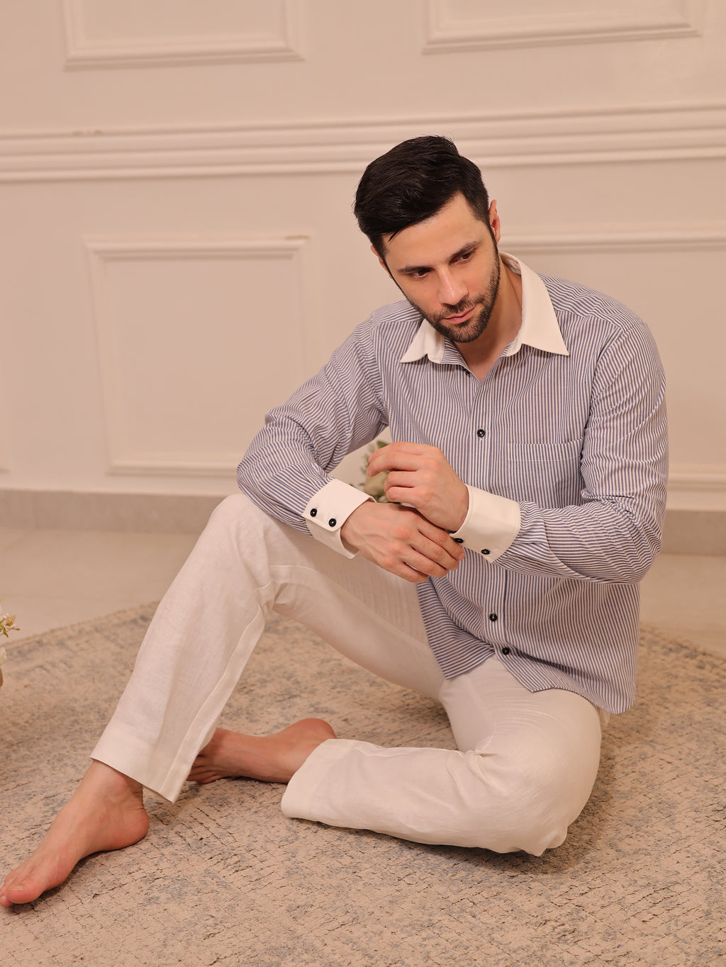 Classic Grey & White Striped Cotton Linen Full Sleeve Shirt