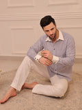 Classic Grey & White Striped Cotton Linen Full Sleeve Shirt