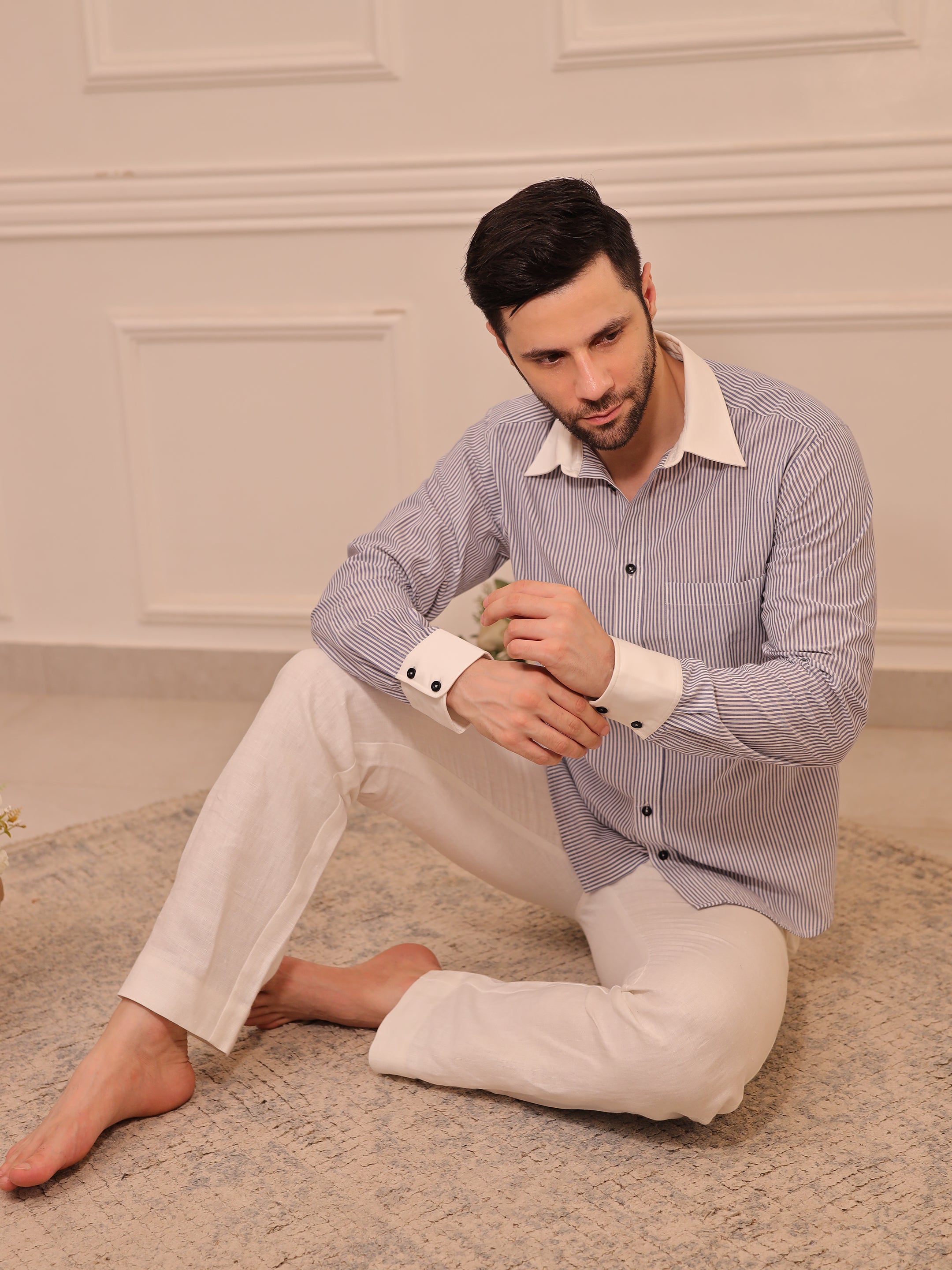 Classic Grey & White Striped Cotton Linen Full Sleeve Shirt