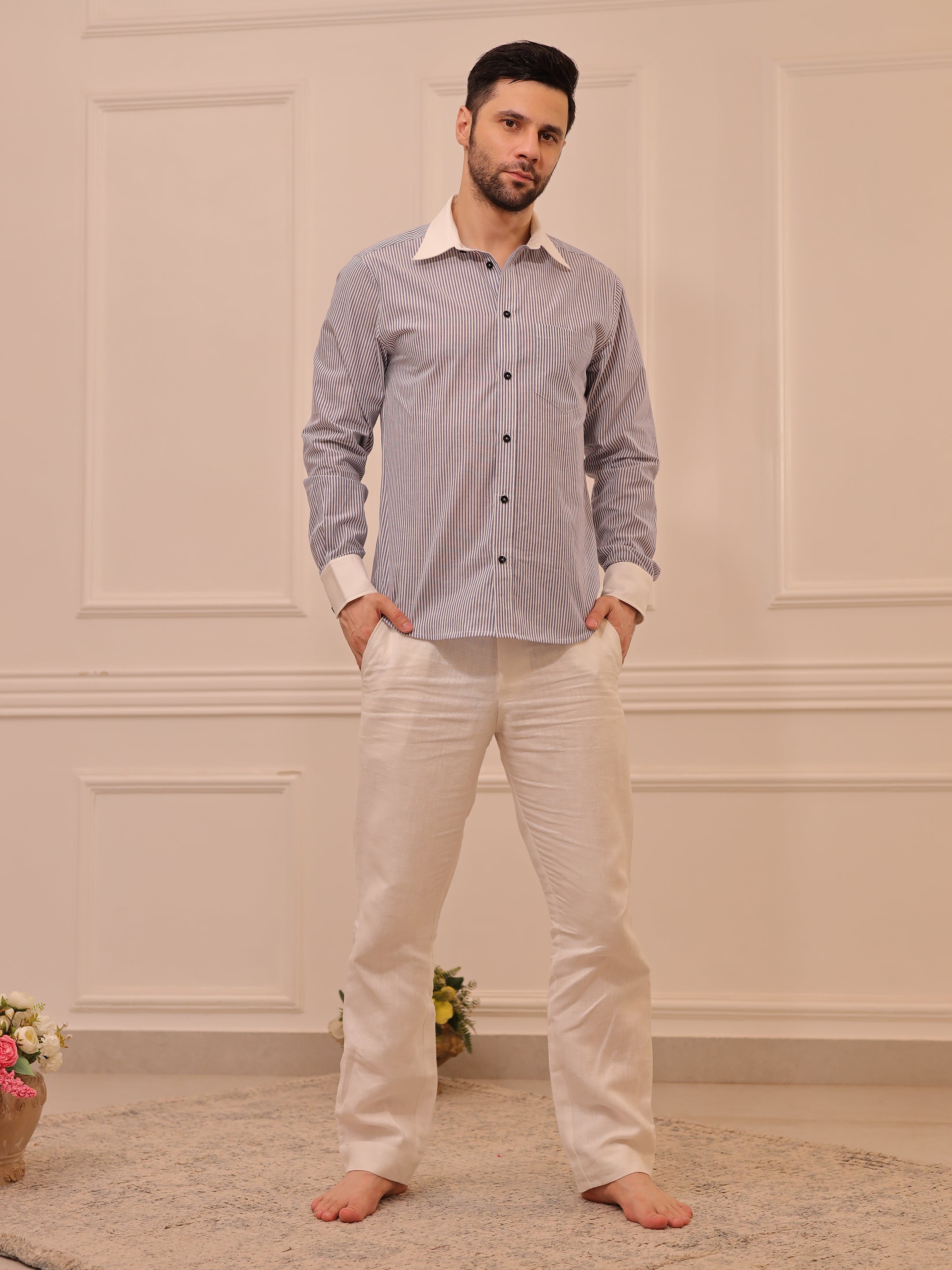 Classic Grey & White Striped Cotton Linen Full Sleeve Shirt