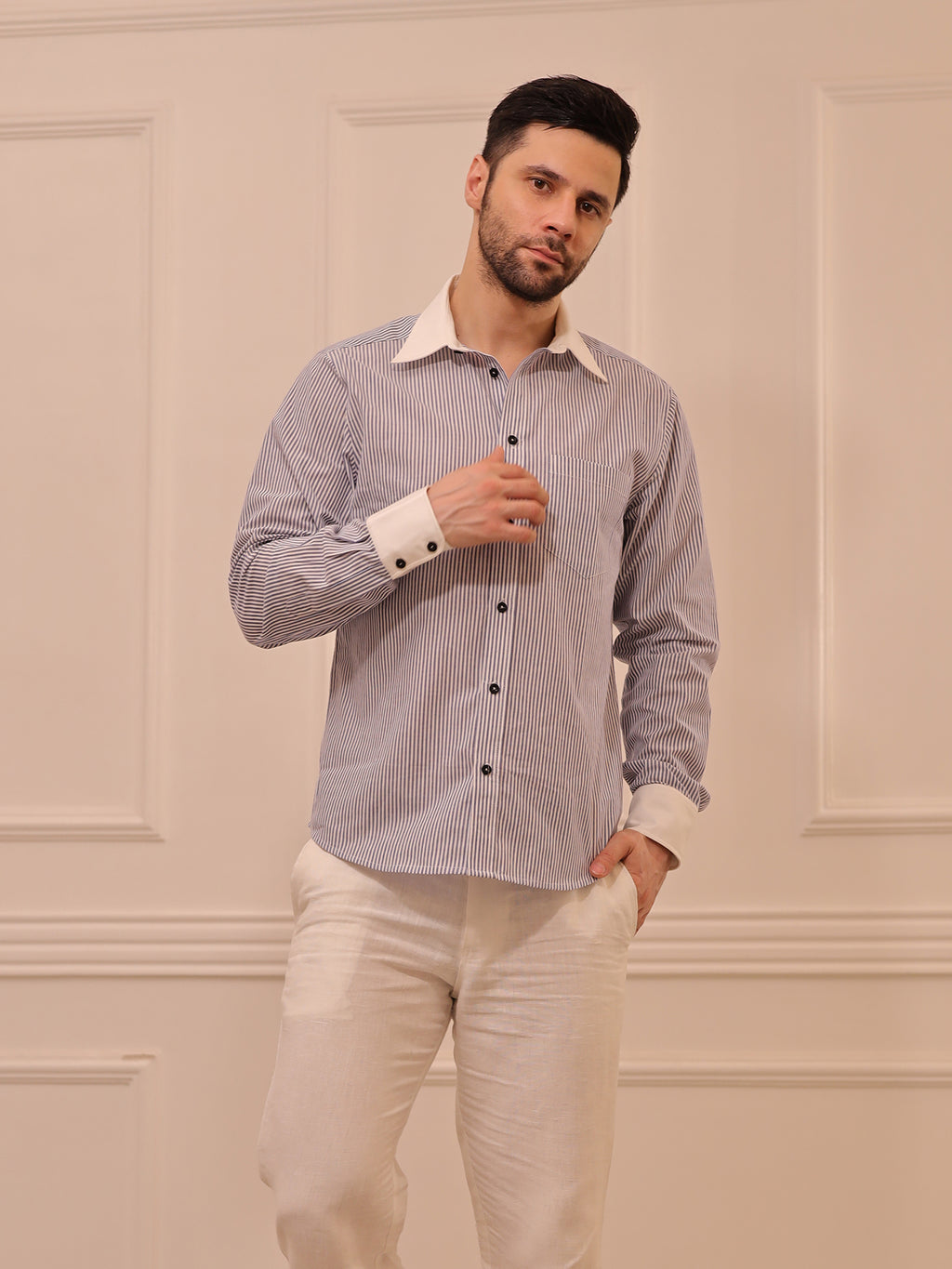 Classic Grey & White Striped Cotton Linen Full Sleeve Shirt