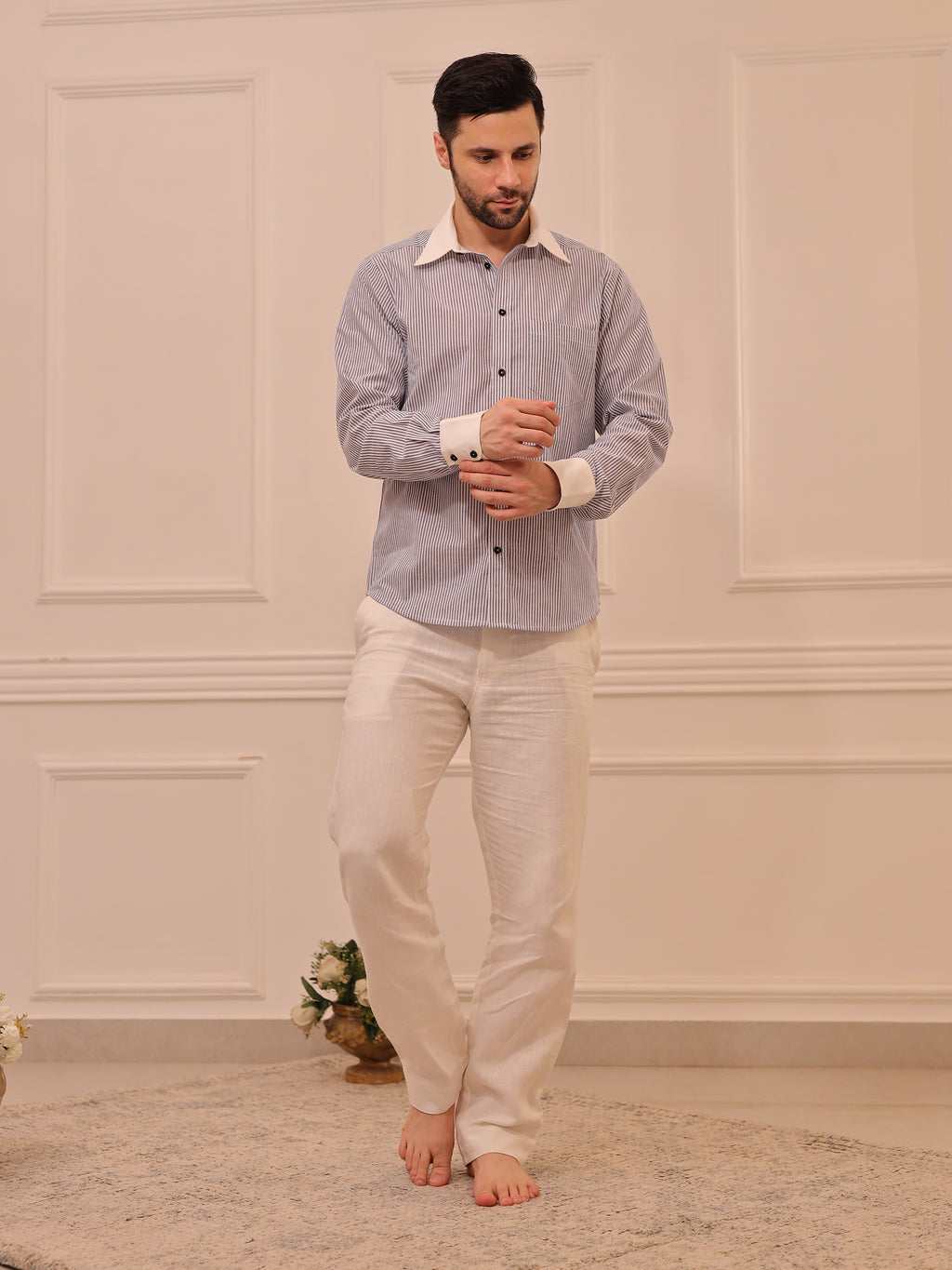Classic Grey & White Striped Cotton Linen Full Sleeve Shirt