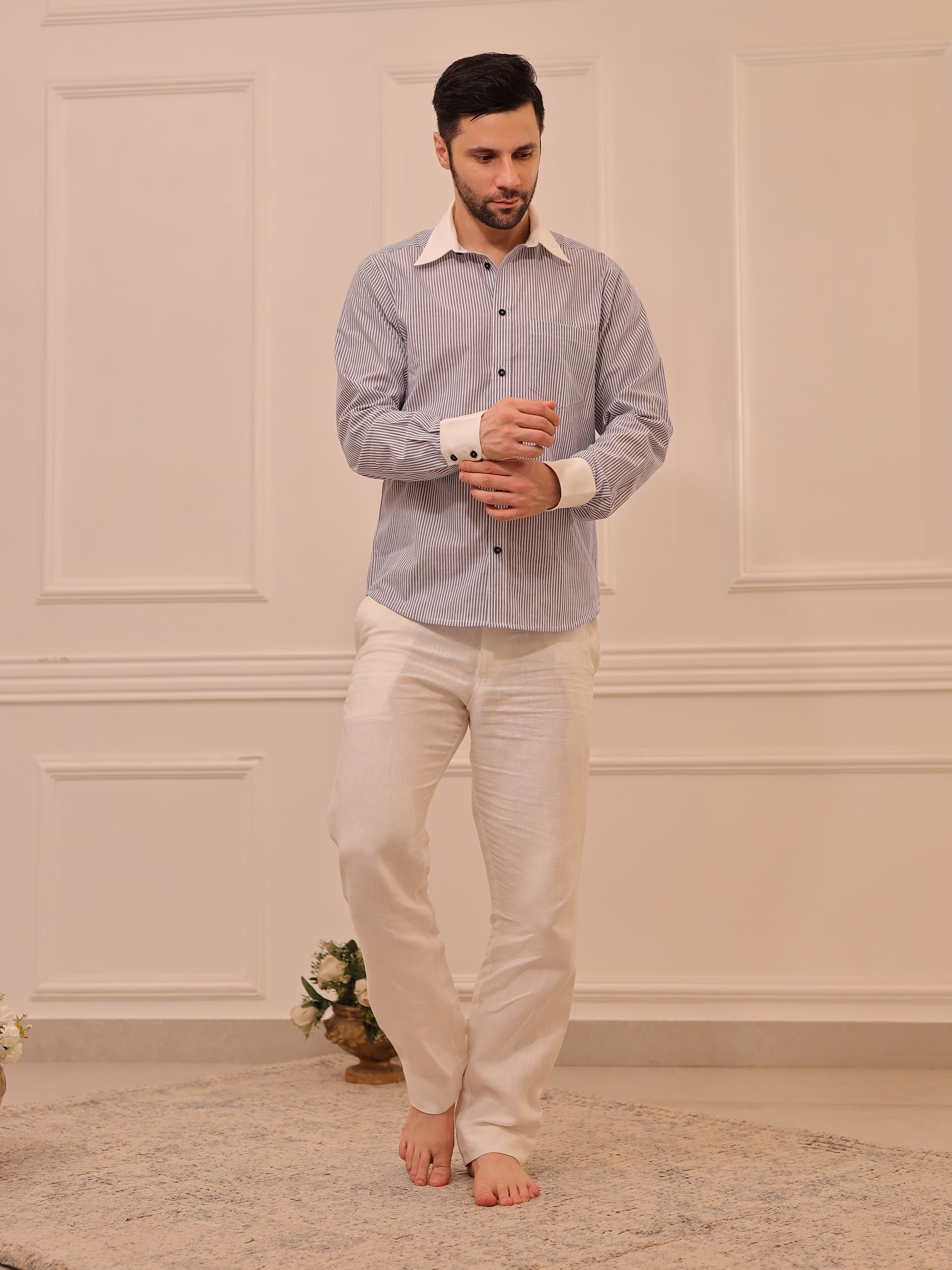 Classic Grey & White Striped Cotton Linen Full Sleeve Shirt