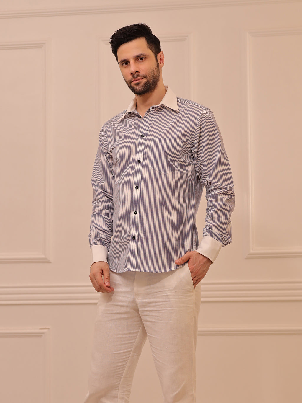 Classic Grey & White Striped Cotton Linen Full Sleeve Shirt