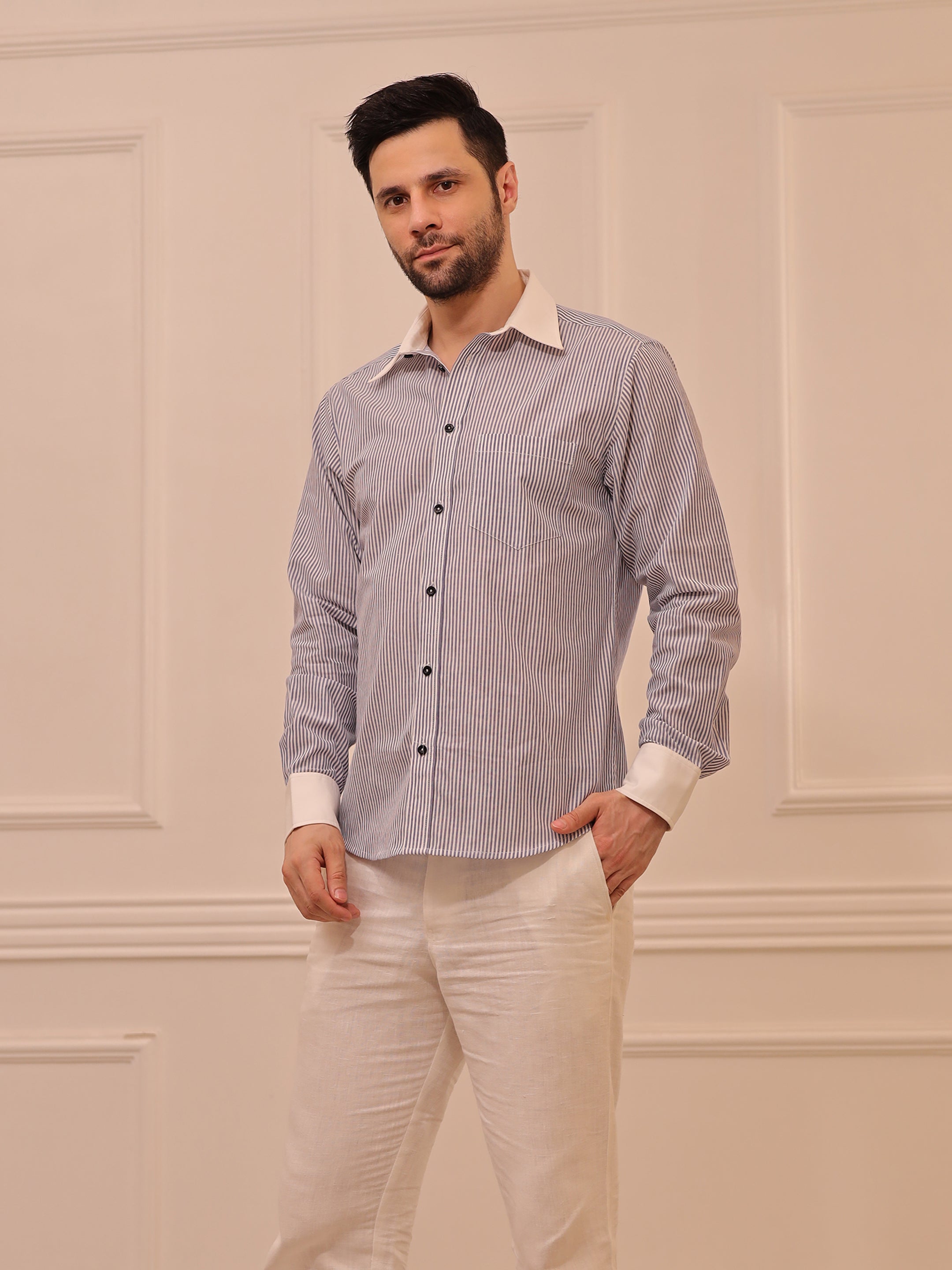 Classic Grey & White Striped Cotton Linen Full Sleeve Shirt