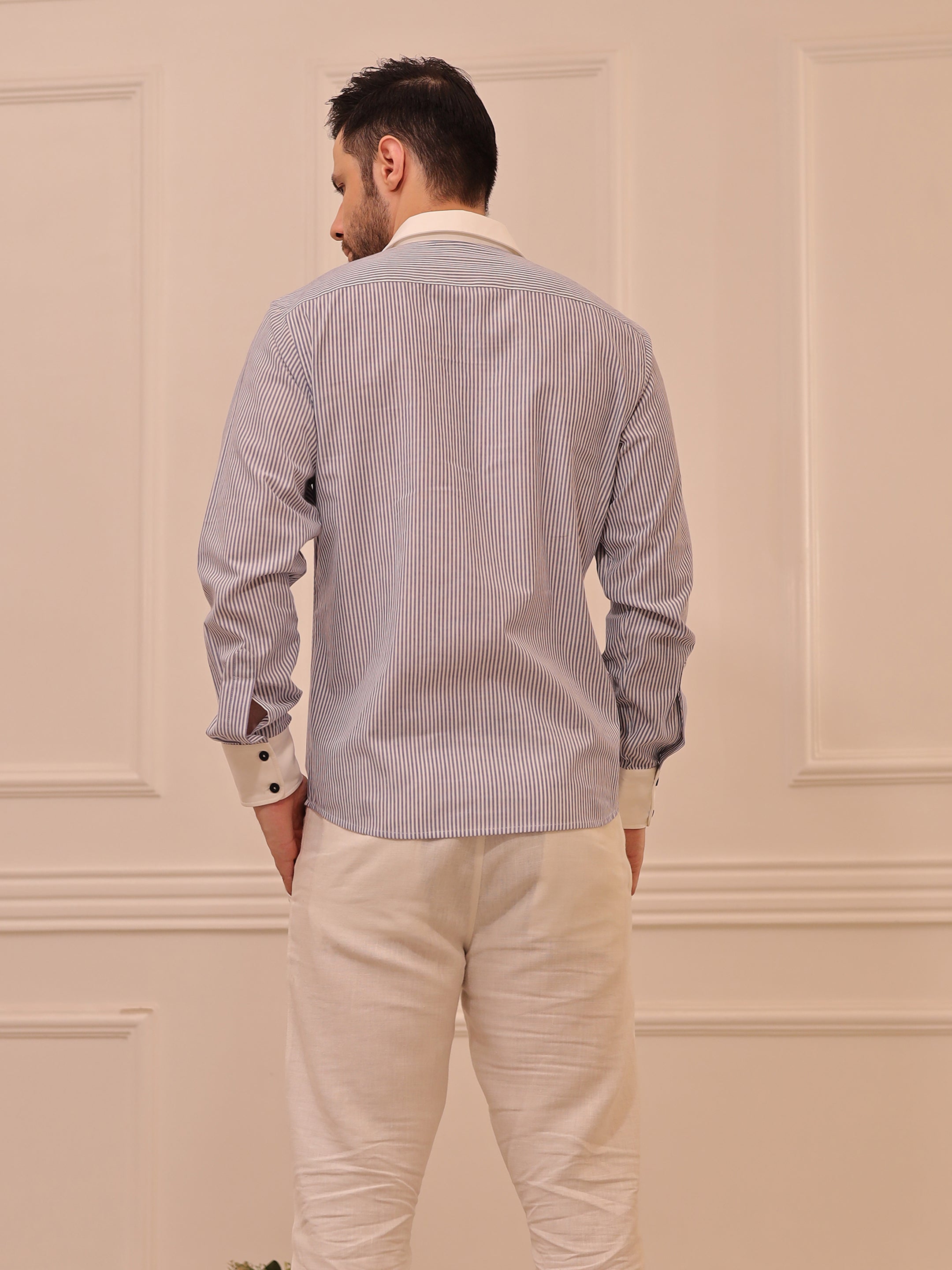 Classic Grey & White Striped Cotton Linen Full Sleeve Shirt