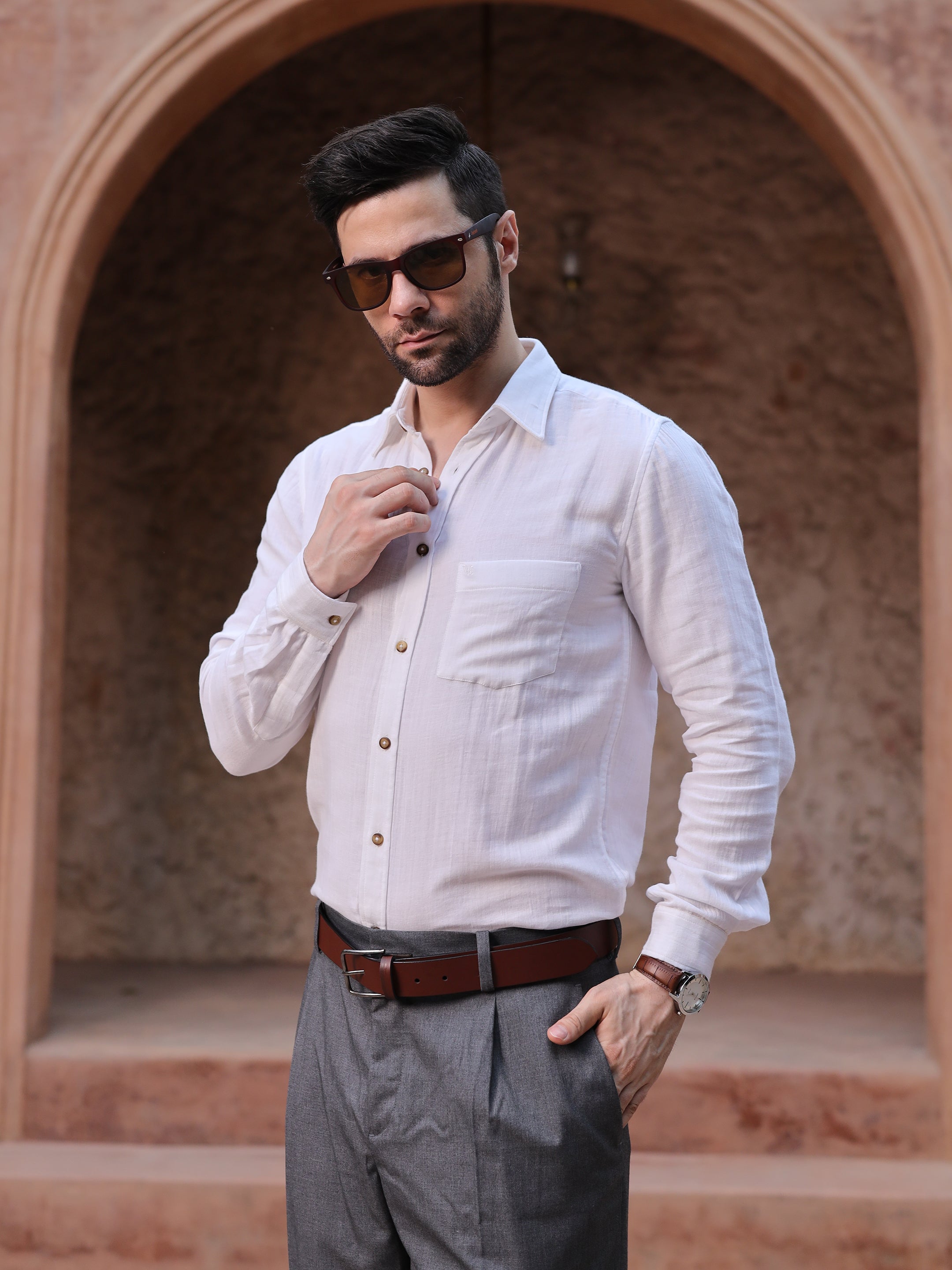 Classic White Cotton Linen Full Sleeve Shirt