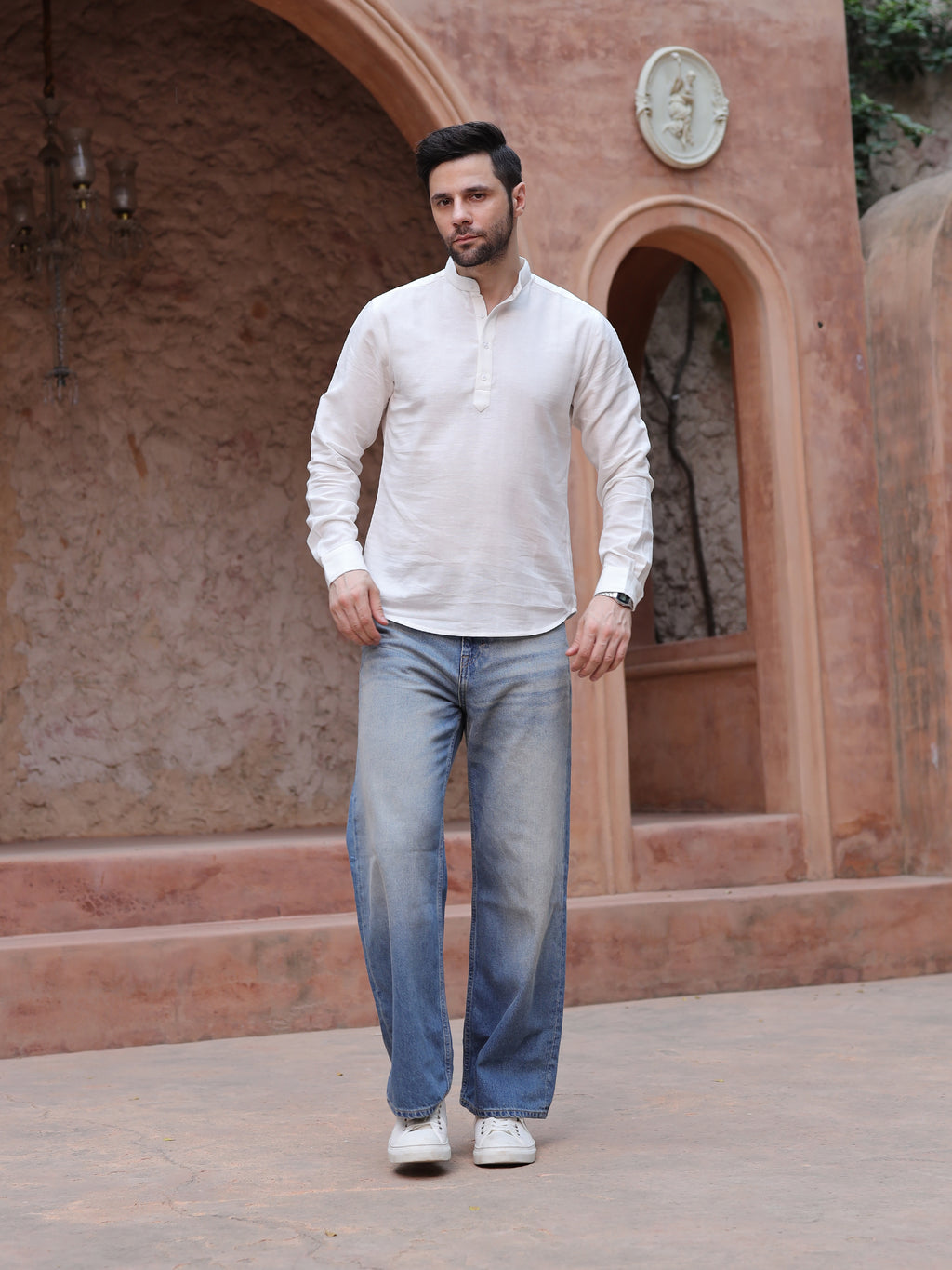 Men's White Mandarin Collar Linen Casual Shirt