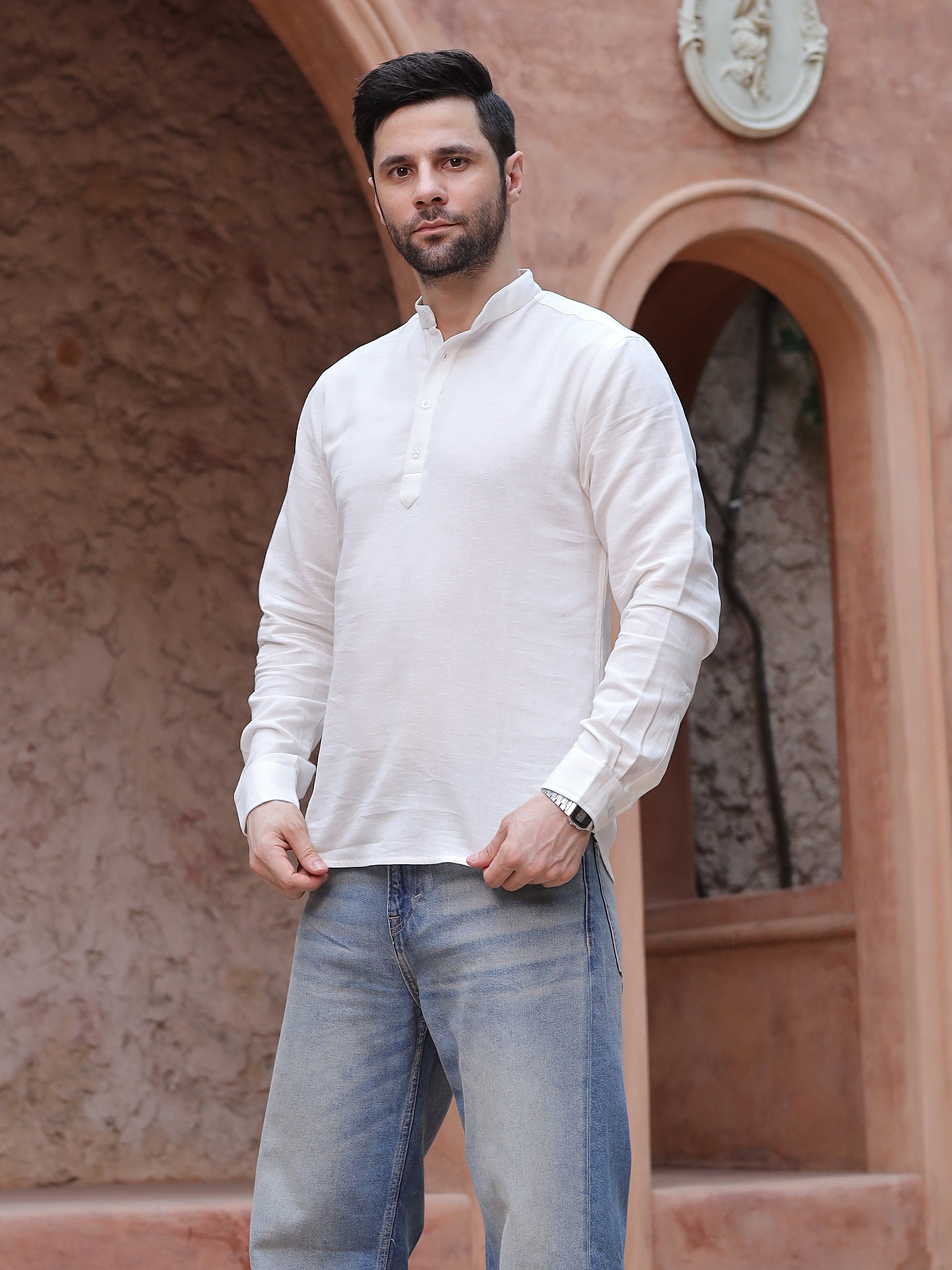 Men's White Mandarin Collar Linen Casual Shirt