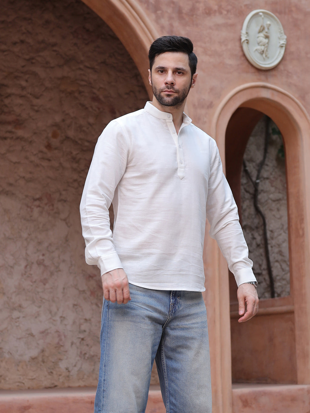 Men's White Mandarin Collar Linen Casual Shirt