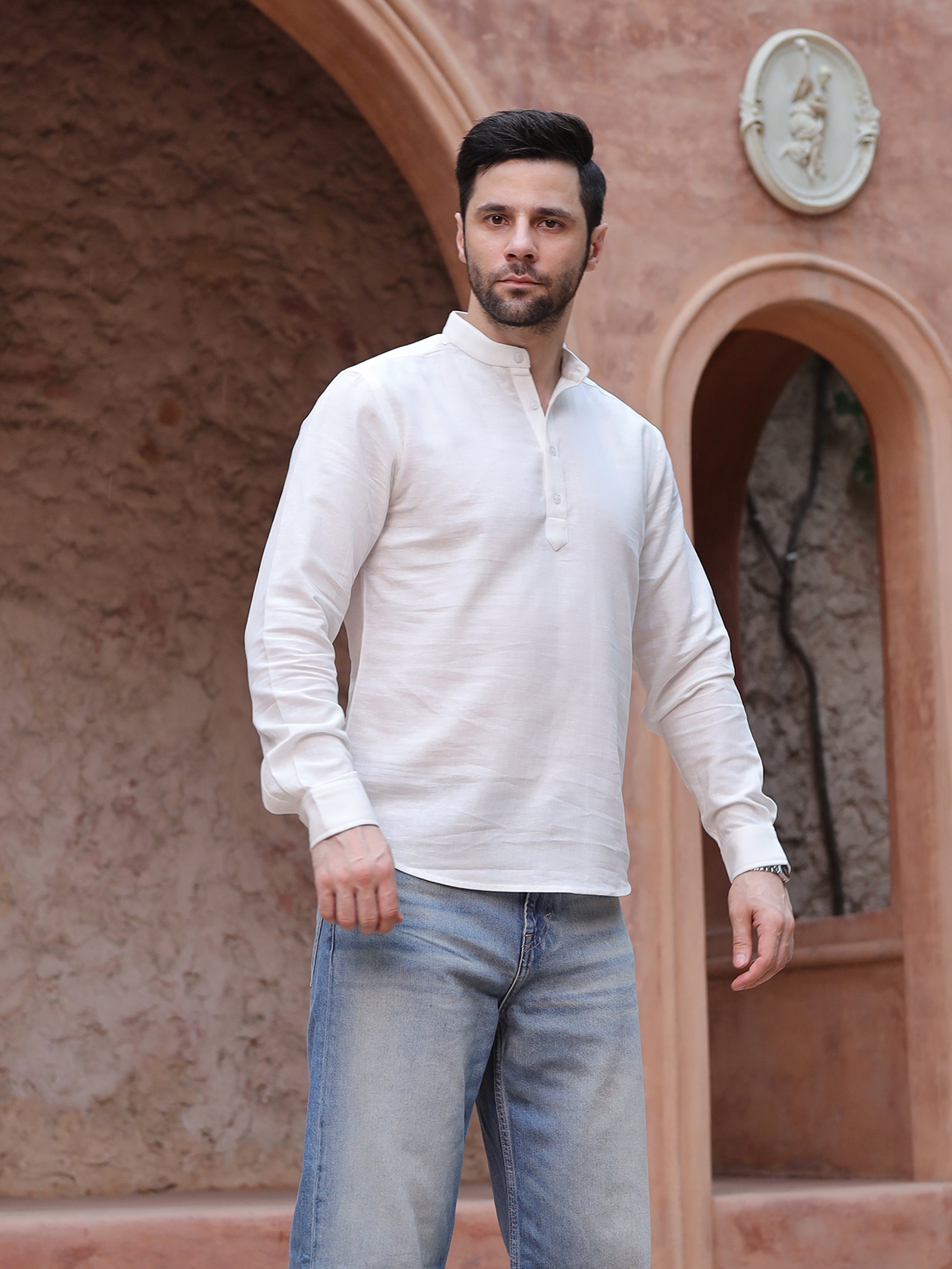 Men's White Mandarin Collar Linen Casual Shirt