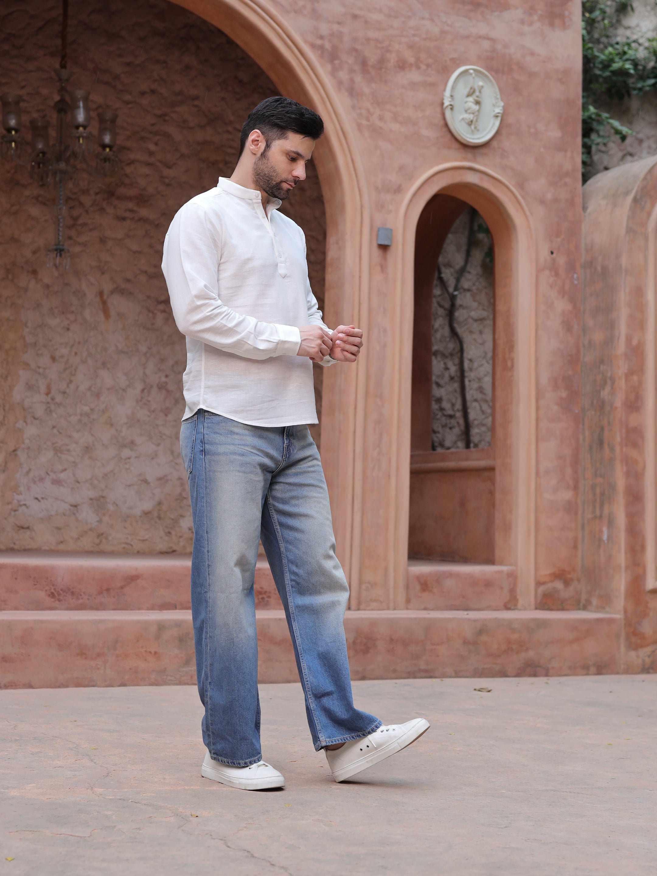 Men's White Mandarin Collar Linen Casual Shirt