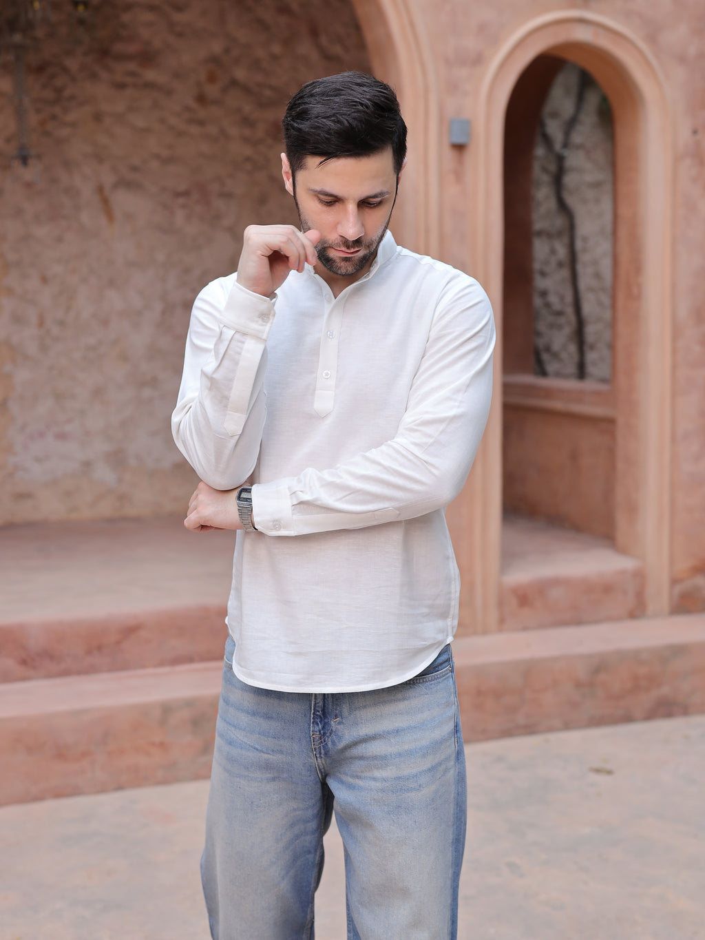 Men's White Mandarin Collar Linen Casual Shirt