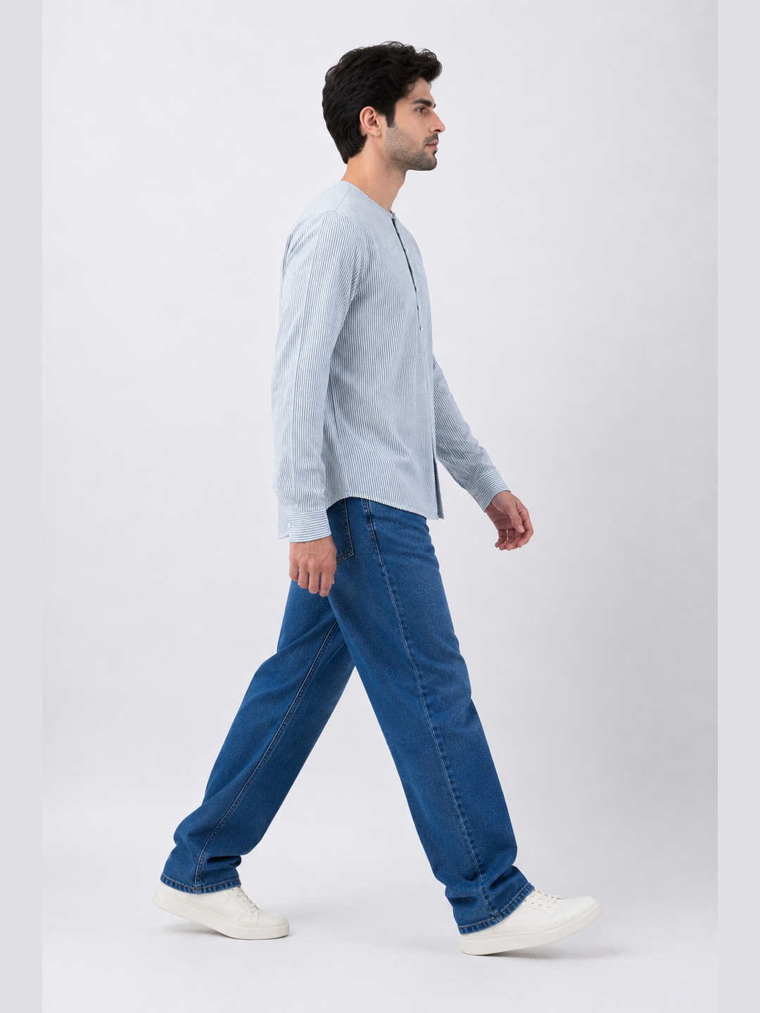 Light Blue Striped Cotton Full Sleeve Henley Shirt
