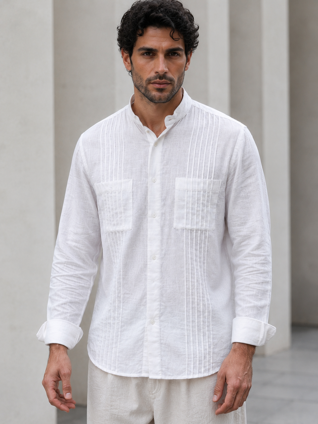 White Textured Full Sleeve Shirt with Mandarin Collar
