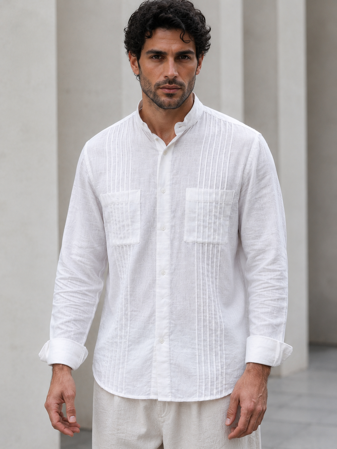White Textured Full Sleeve Shirt with Mandarin Collar