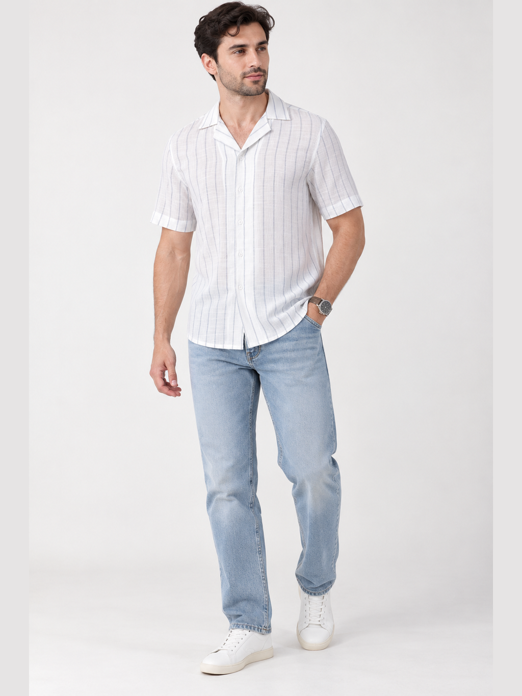 White & Grey Vertical Stripe Short Sleeve Cuban Collar Shirt