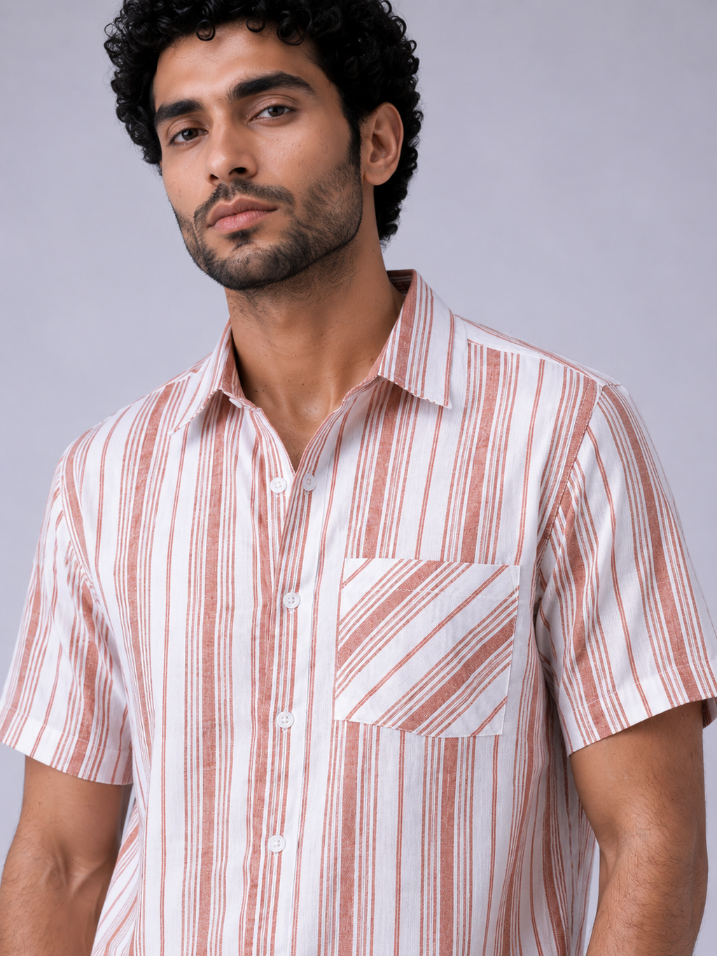 Men’s Pink & White Striped Casual Shirt with Relaxed-Fit Denim