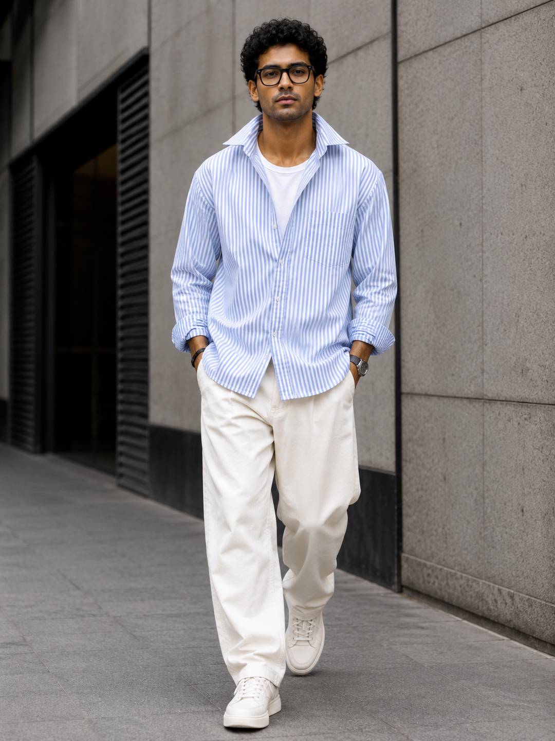 Light Blue & White Vertical Stripe Full Sleeve Formal Shirt