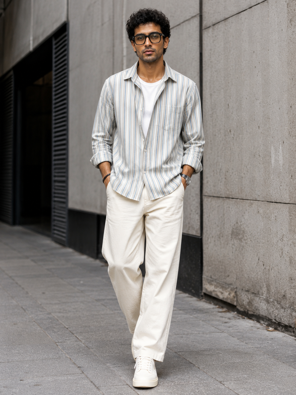 Beige & Blue Vertical Stripe Full Sleeve Cotton Casual Shirt