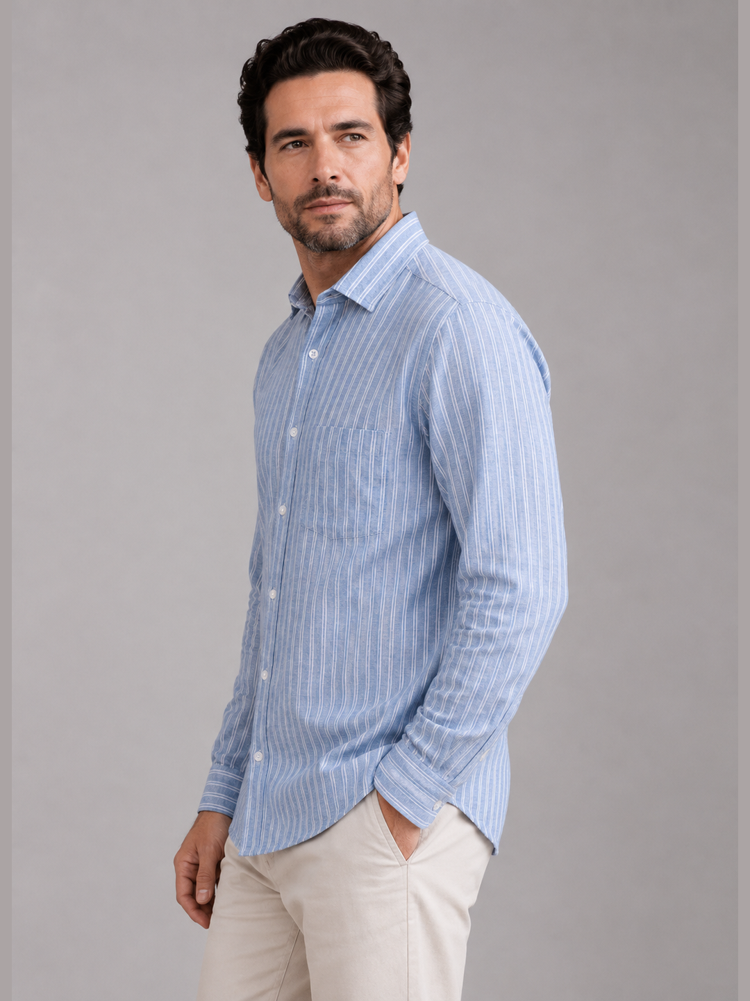 Beige & Blue Vertical Stripe Full Sleeve Cotton Casual Shirt