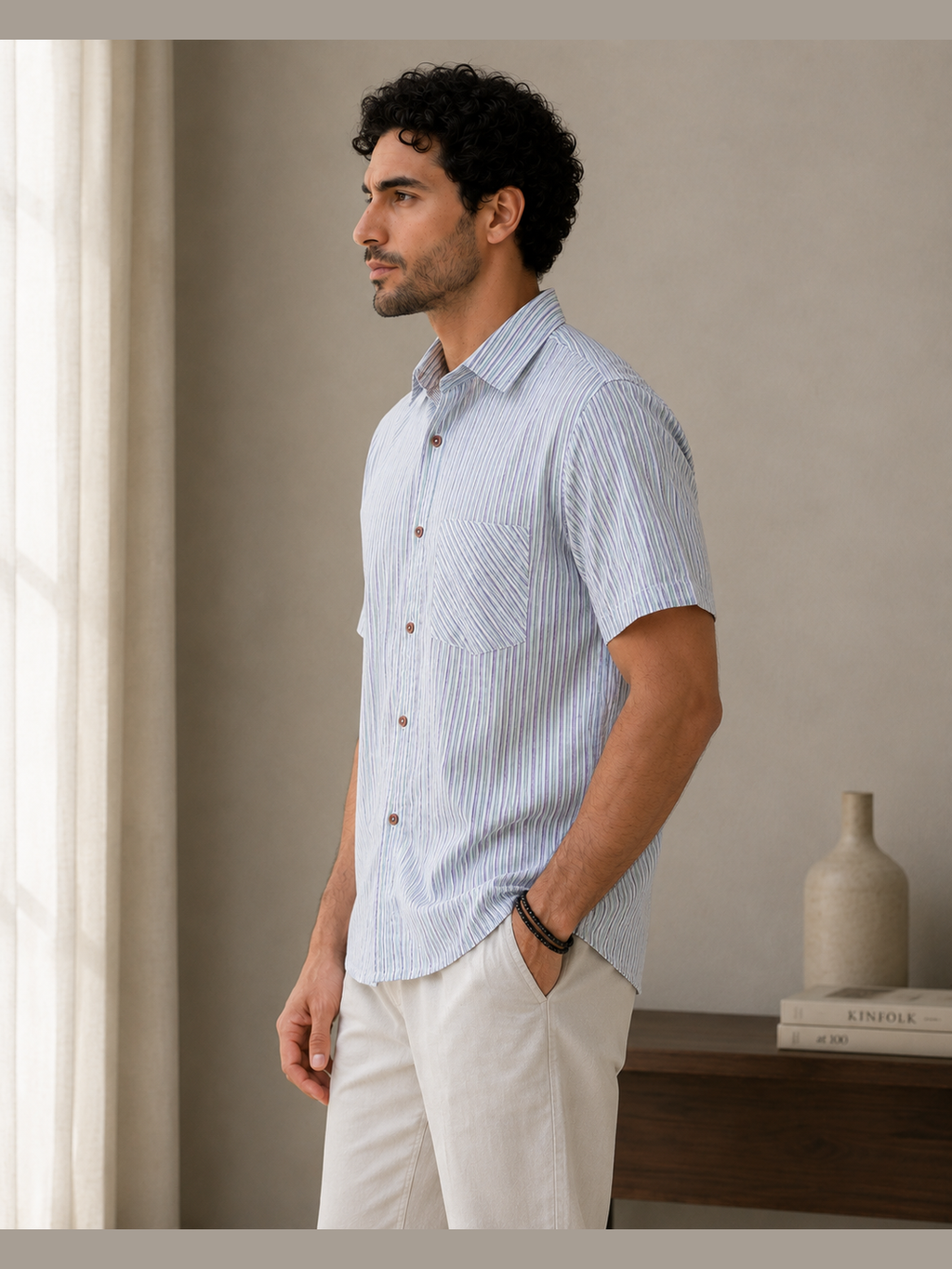 Men’s Light Blue Striped Short-Sleeve Casual Shirt with Chest Pocket