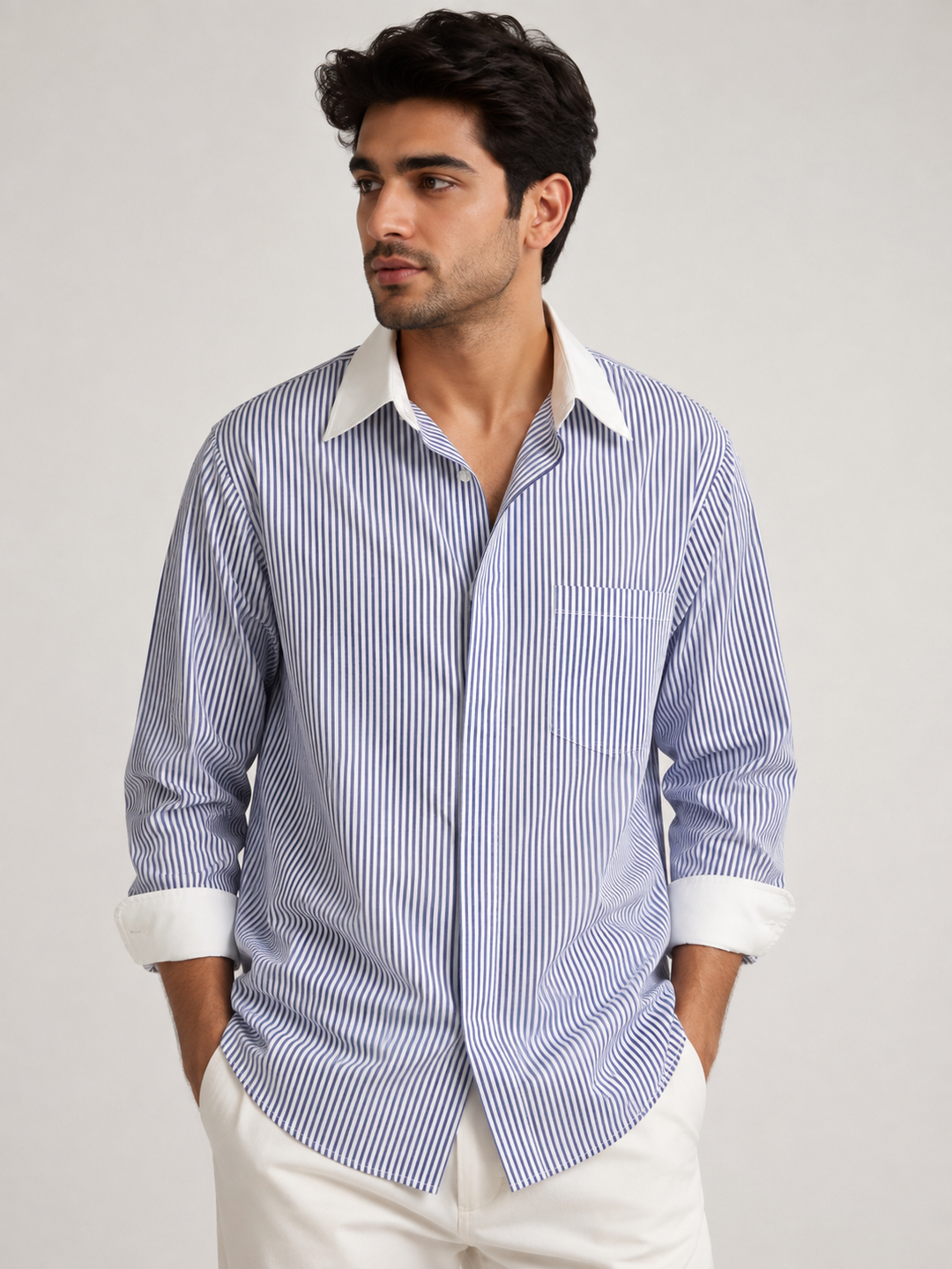 Men's Blue and White Vertical Stripe Full Sleeve Formal Shirt