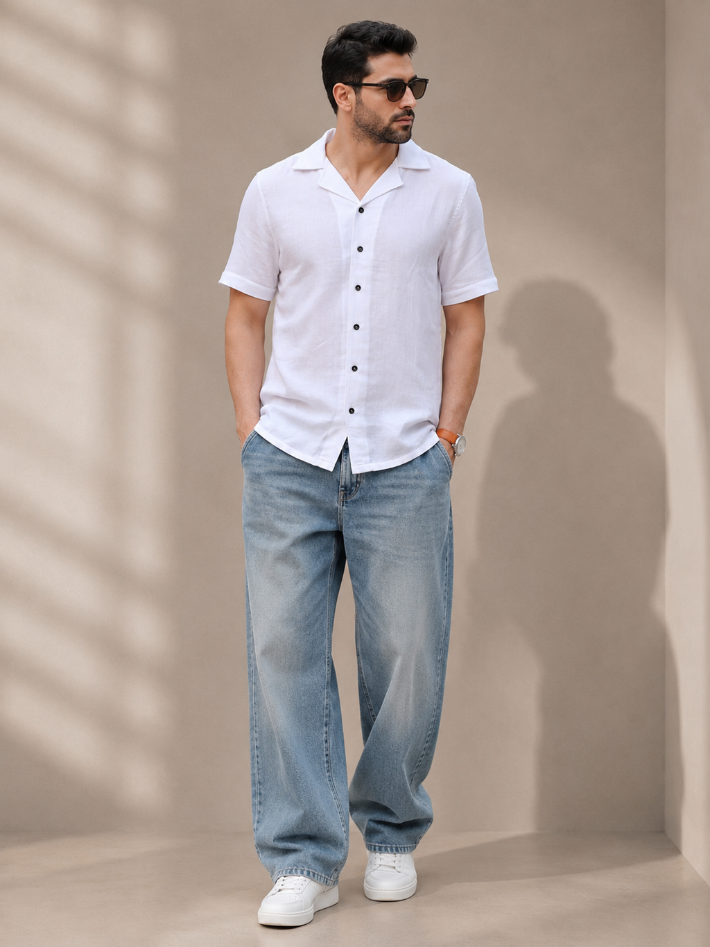 White Short Sleeve Cuban Collar Textured Shirt