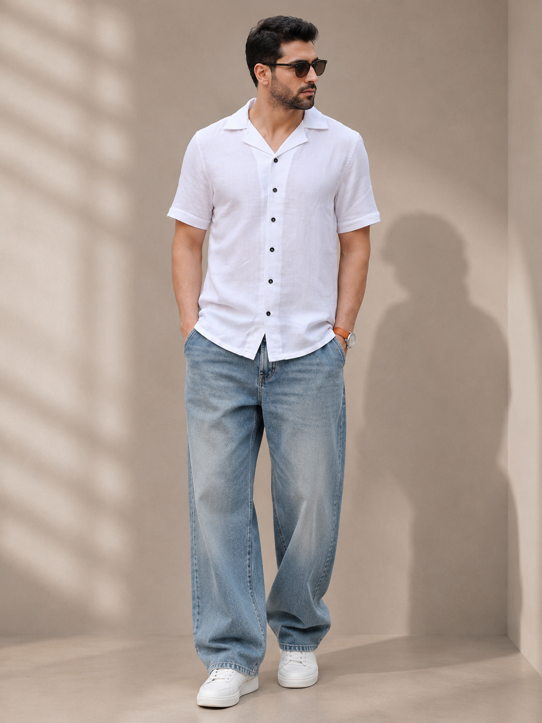 White Short Sleeve Cuban Collar Textured Shirt