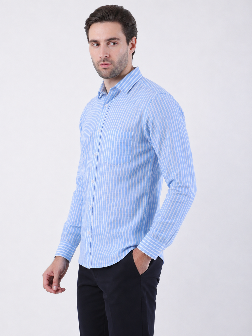 Light Blue & White Vertical Stripe Full Sleeve Formal Shirt