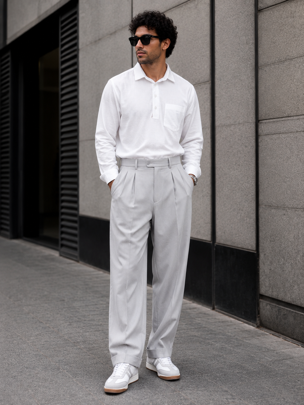 White Full Sleeve Polo Placket Shirt with Classic Collar