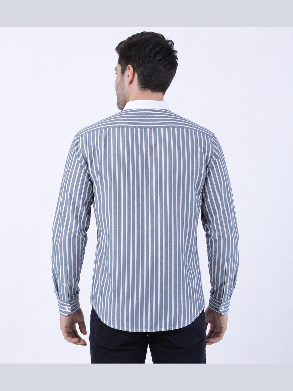Grey & White Striped Mandarin Collar Shirt