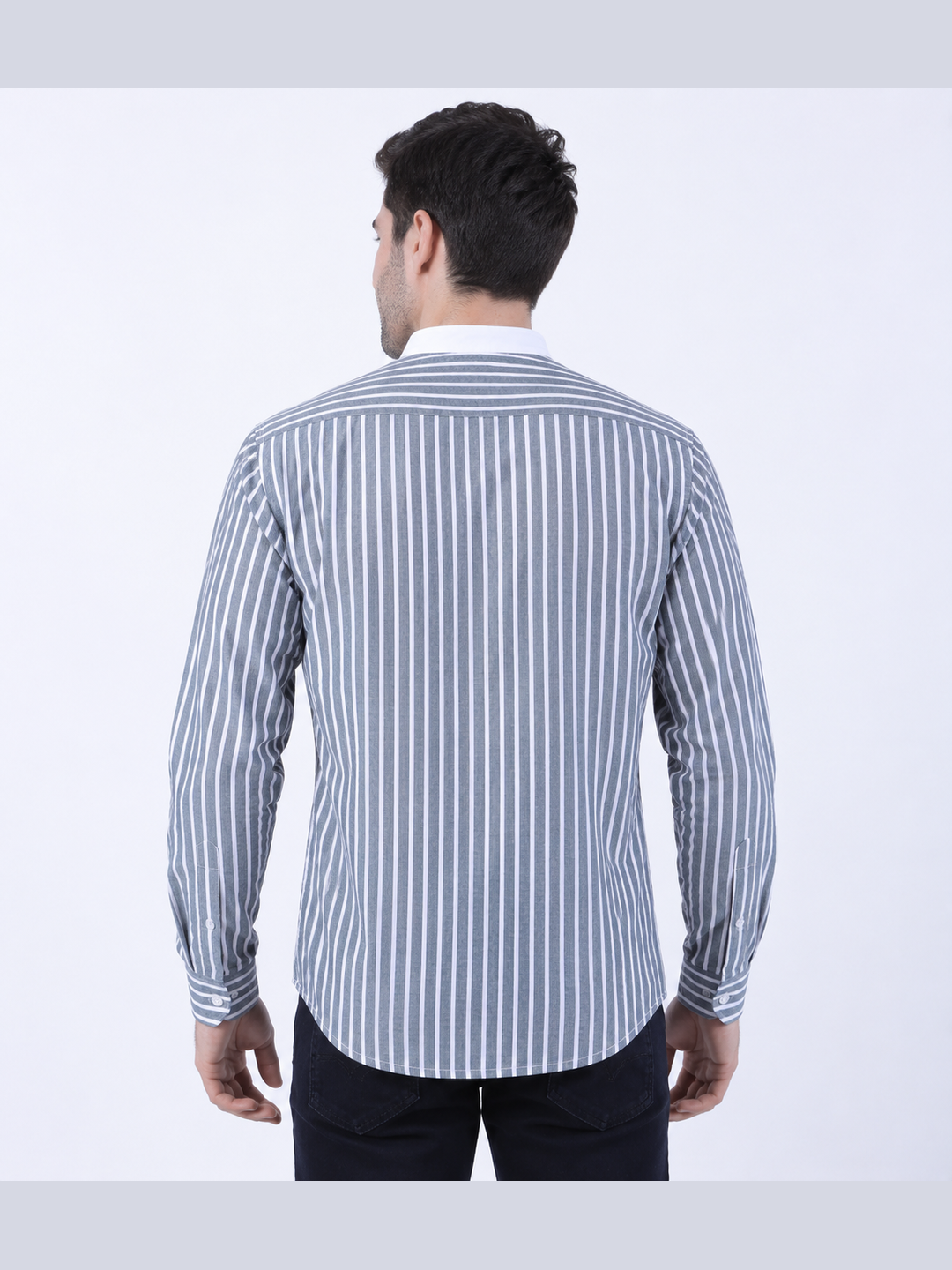 Grey & White Striped Mandarin Collar Shirt