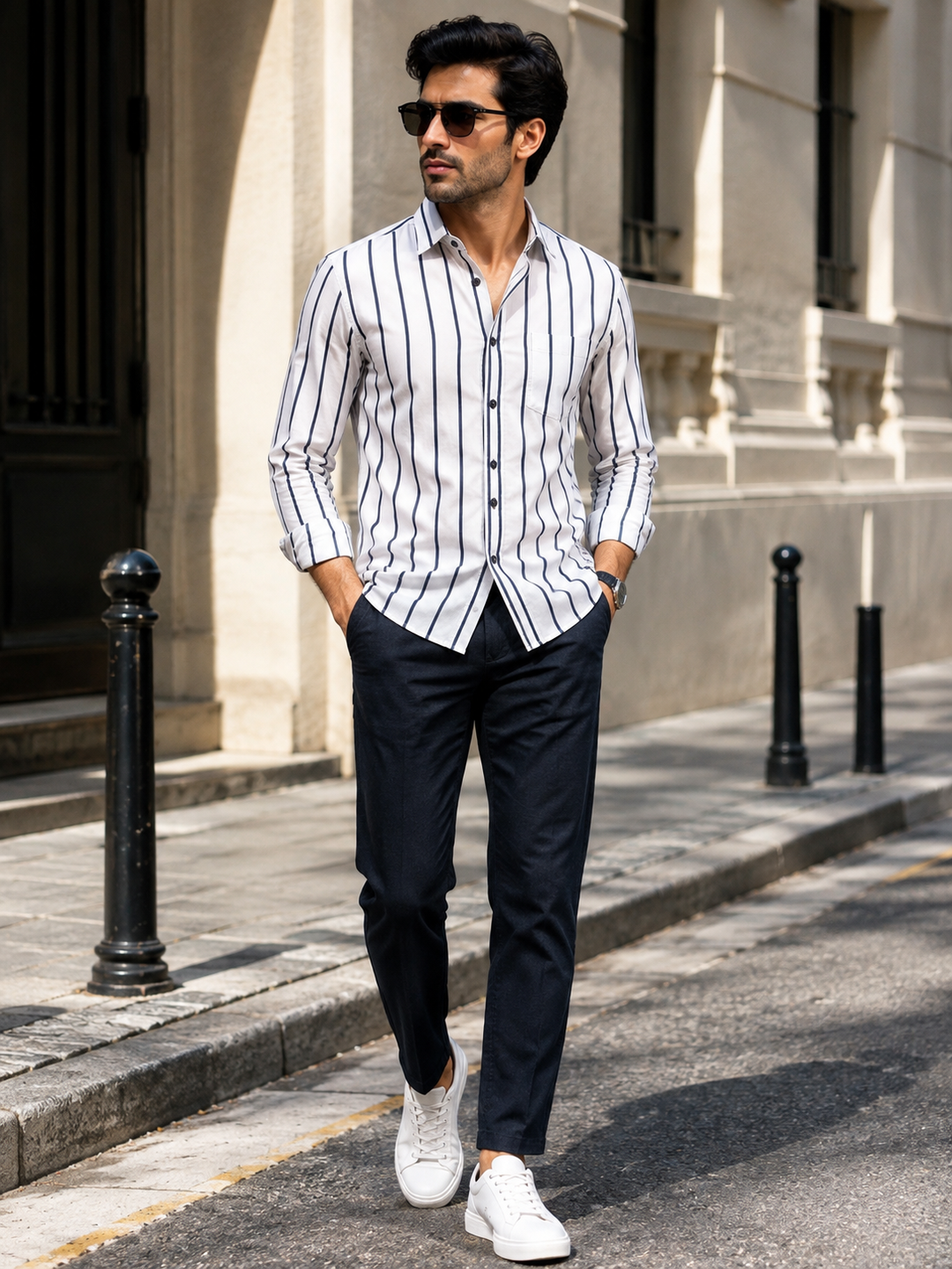 White & Navy Blue Vertical Stripe Full Sleeve Formal Shirt