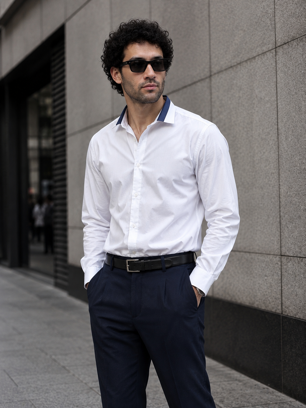 White Full Sleeve Formal Shirt with Contrast Navy Blue Collar