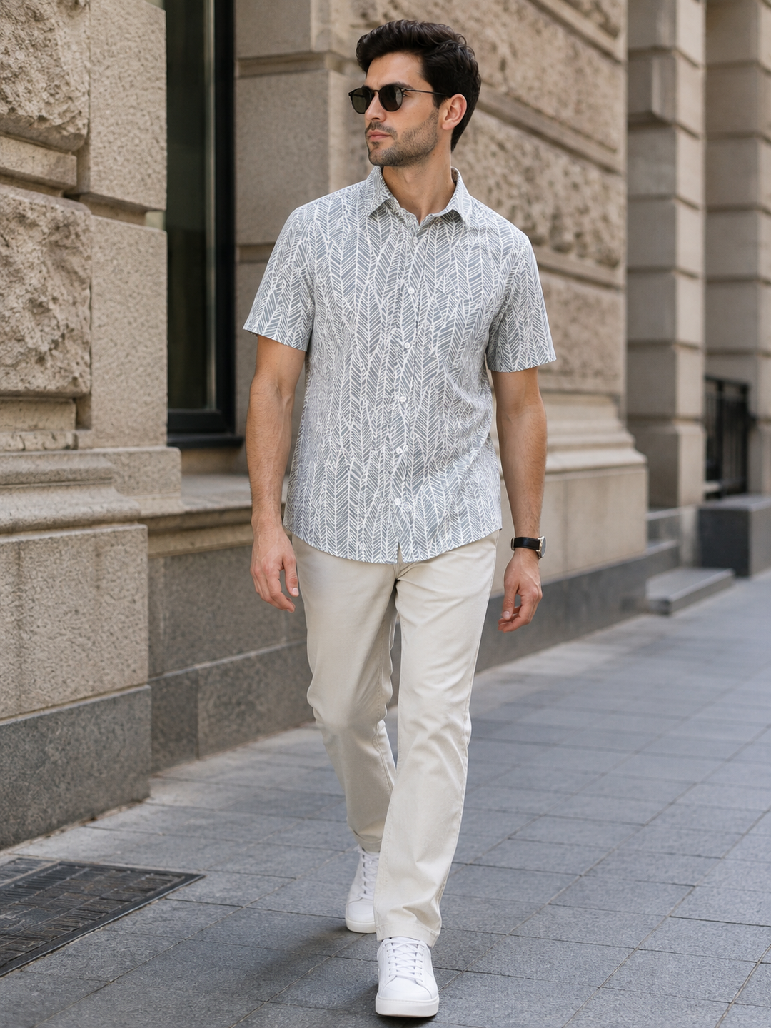 Grey & White Leaf Print Cotton Short Sleeve Shirt