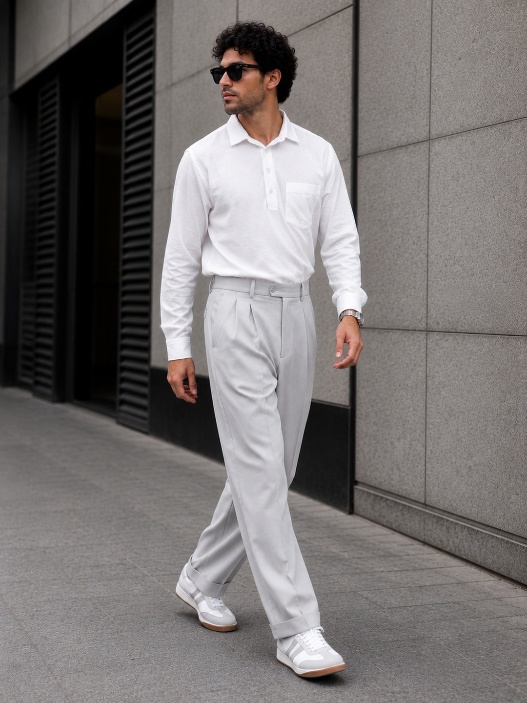 White Full Sleeve Polo Placket Shirt with Classic Collar