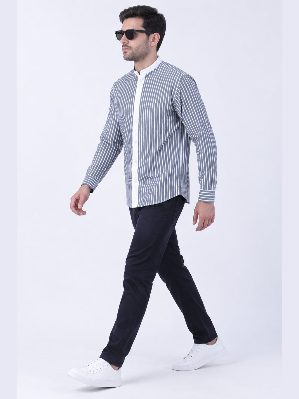 Grey & White Striped Mandarin Collar Shirt