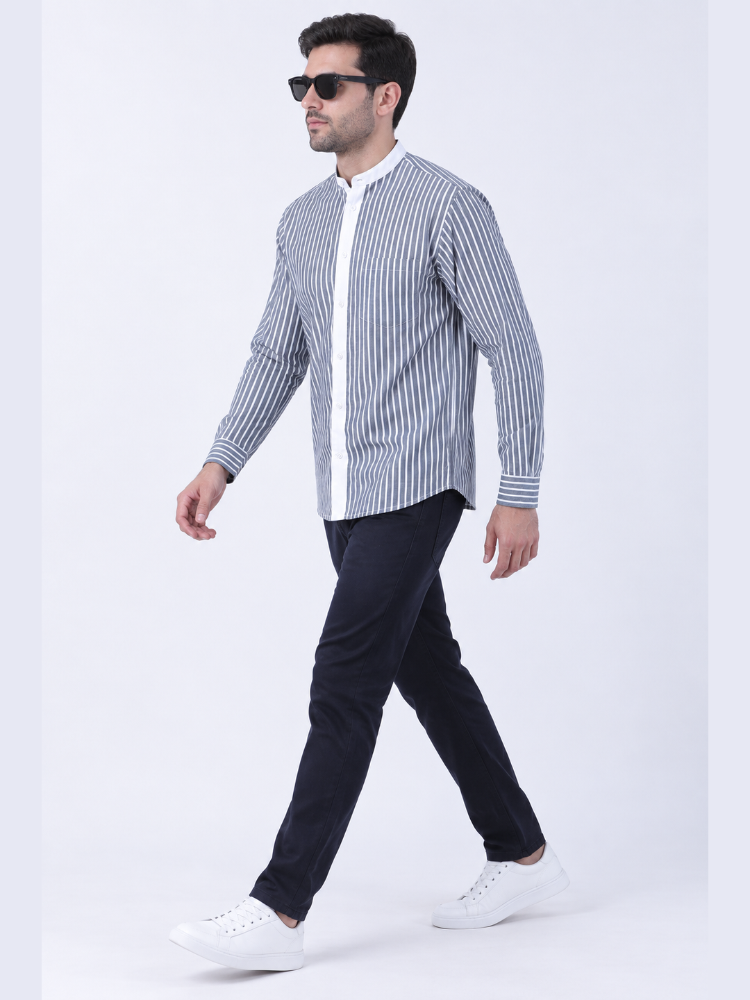 Grey & White Striped Mandarin Collar Shirt