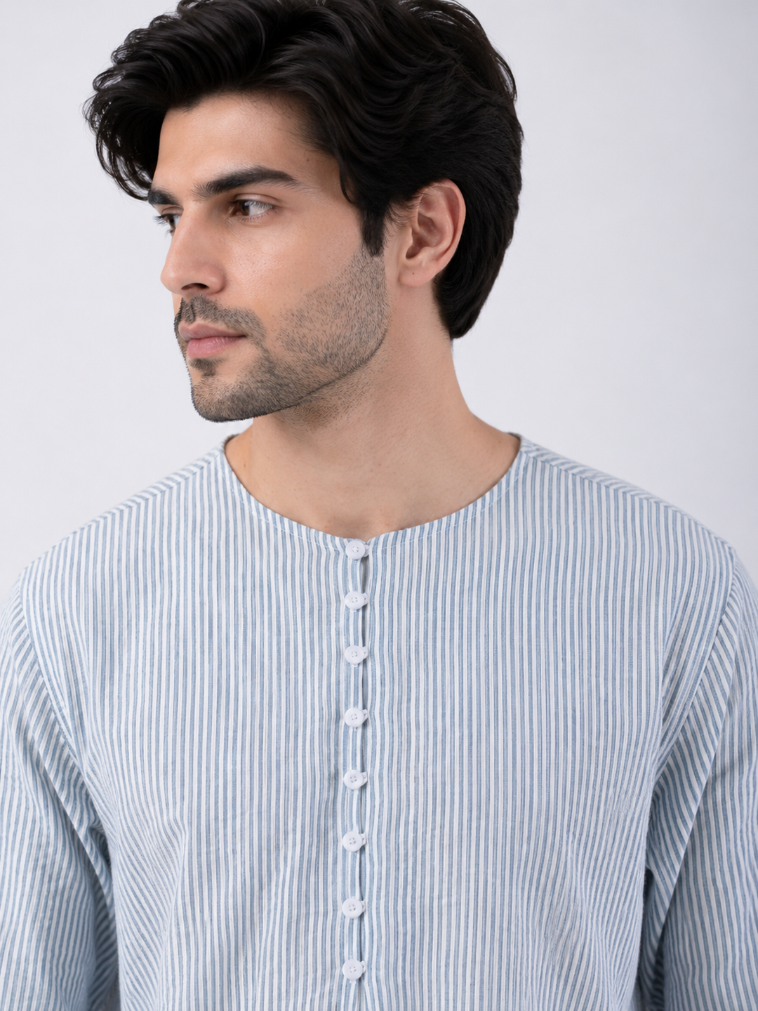 Light Blue Striped Cotton Full Sleeve Henley Shirt