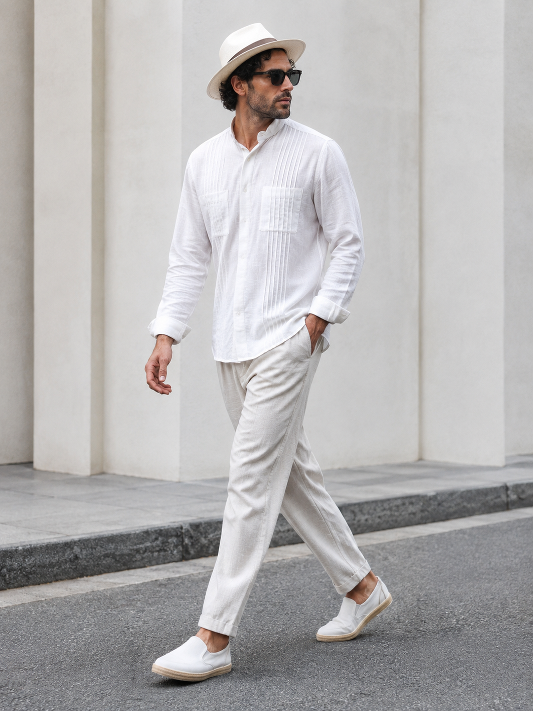 White Textured Full Sleeve Shirt with Mandarin Collar