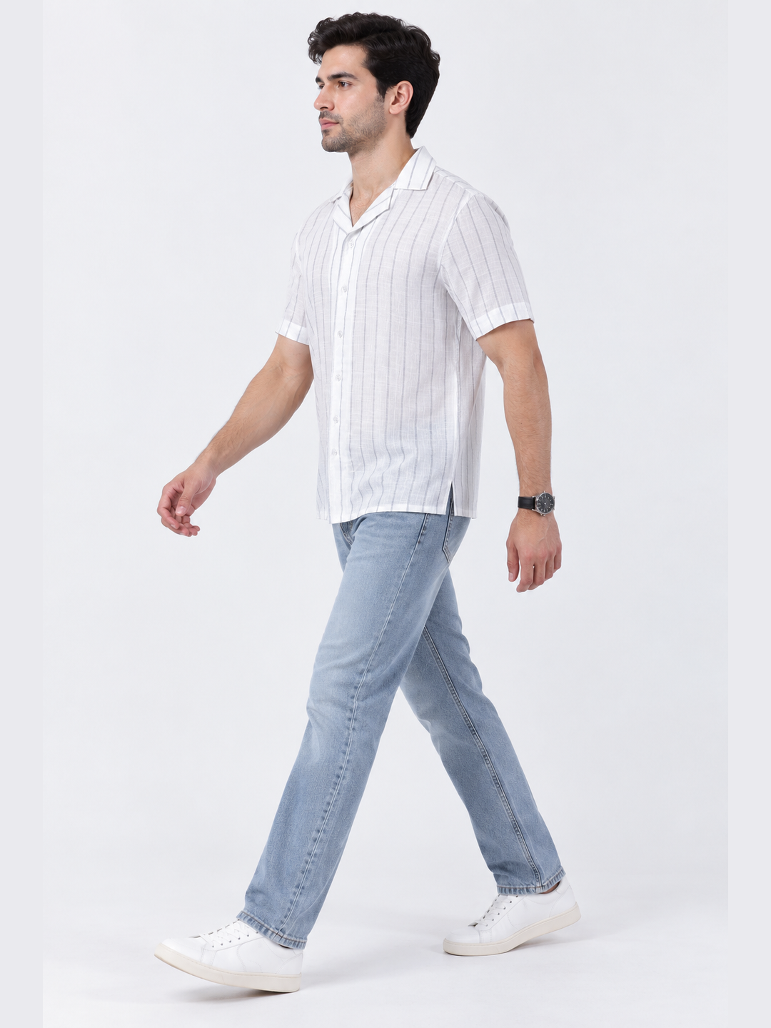 White & Grey Vertical Stripe Short Sleeve Cuban Collar Shirt