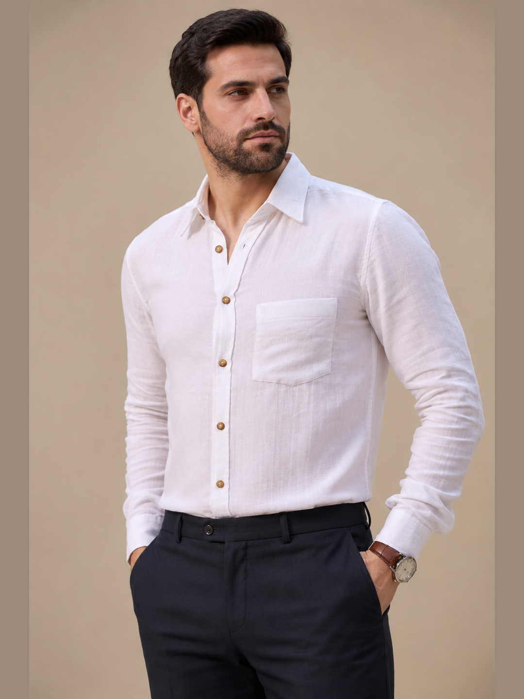 Classic White Cotton Linen Full Sleeve Shirt