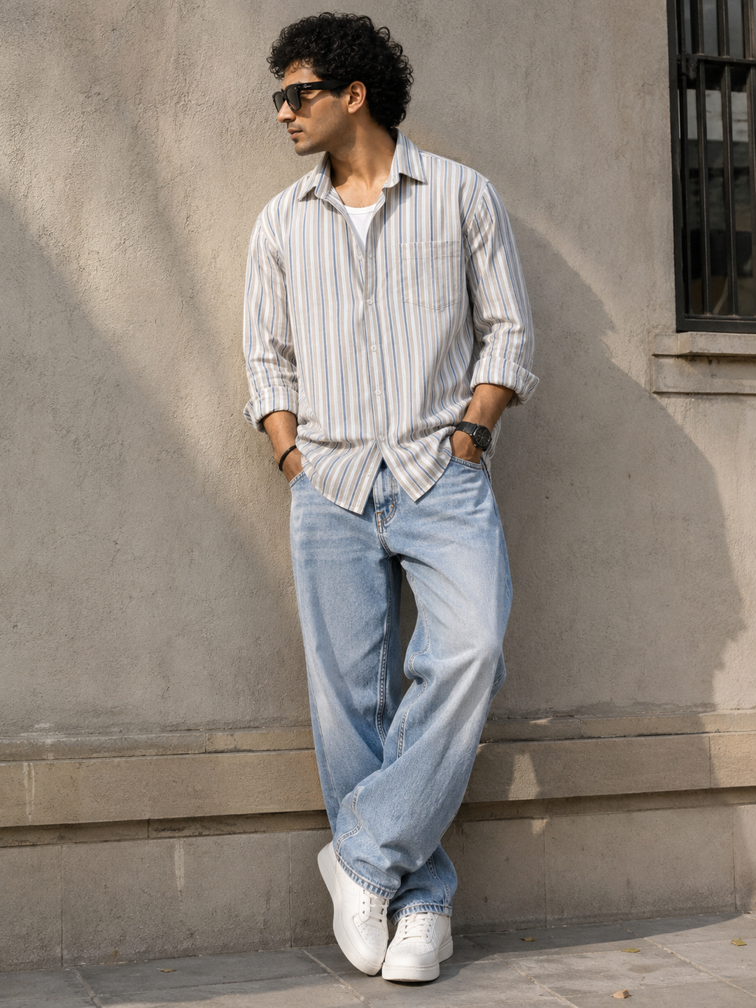 Beige & Blue Vertical Stripe Full Sleeve Cotton Casual Shirt