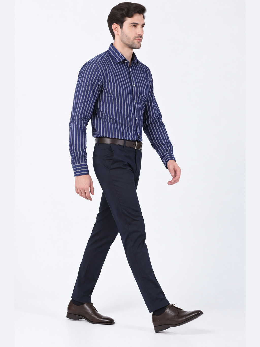 Navy Blue & White Vertical Stripe Full Sleeve Formal Shirt
